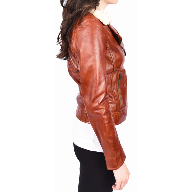 Womens Real Chestnut Leather Trendy Biker Jacket With Removable Sheepskin Collar Rosie-3