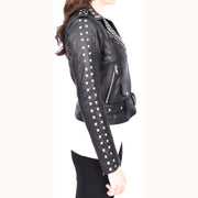 Womens Black Leather Studded Biker Jacket Fitted Brando Style - Stella-3