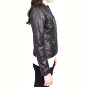 Ladies Soft Leather Jacket Fitted Collared Zip Fasten Biker Style Leah Black-3