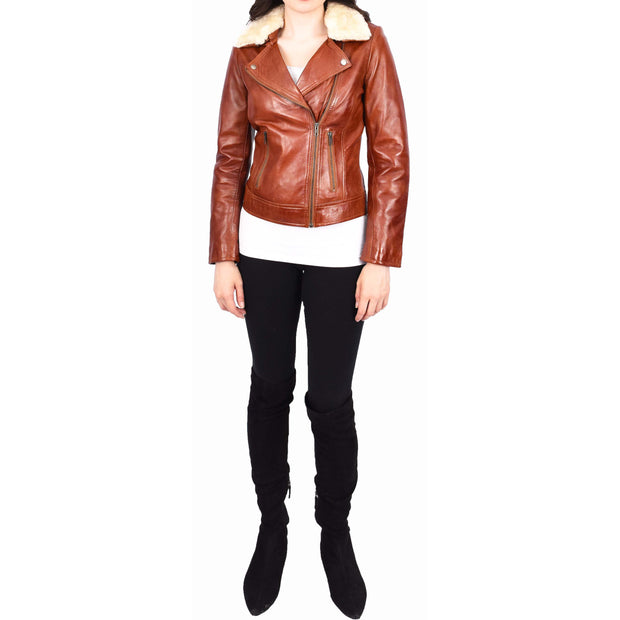 Womens Real Chestnut Leather Trendy Biker Jacket With Removable Sheepskin Collar Rosie-4