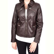 Ladies Soft Leather Jacket Fitted Collared Zip Fasten Biker Style Leah Brown-4