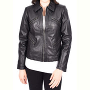 Ladies Soft Leather Jacket Fitted Collared Zip Fasten Biker Style Leah Black-4