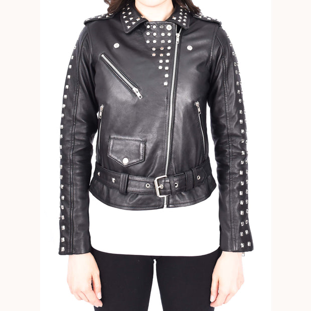 Womens Black Leather Studded Biker Jacket Fitted Brando Style - Stella-4