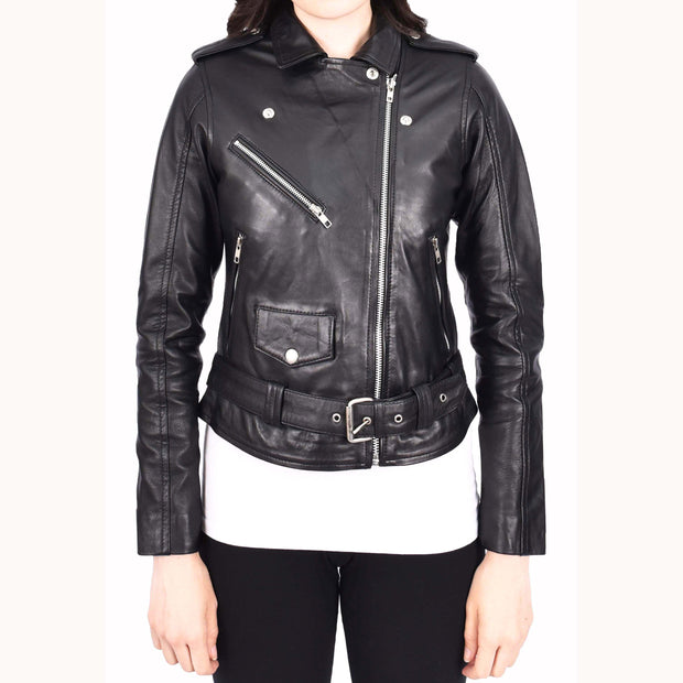 Womens Authentic Soft Leather Biker Jacket Slim Fit Jessie Black-4