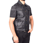 Men's Premium Leather Waistcoat Classic Trucker Style Sleeveless Vest Theo Black-4