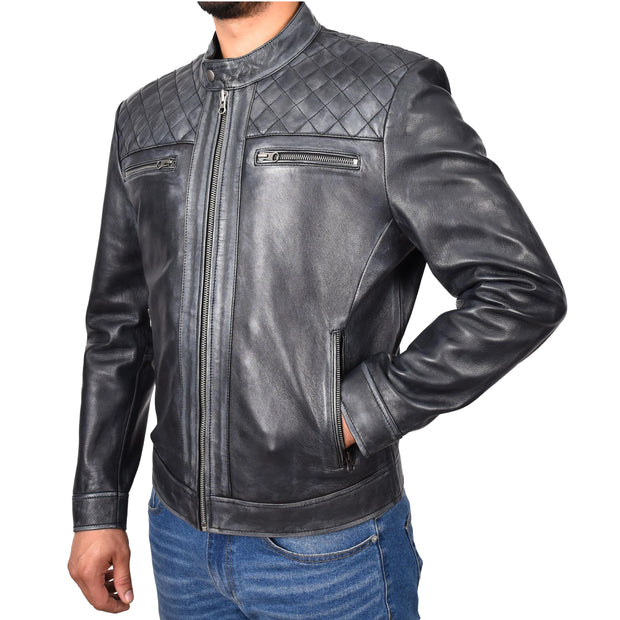 Real Leather Mens Biker Jacket Rub off Rugged Vintage Look Zip Fasten Cafe Racer Samuel-4