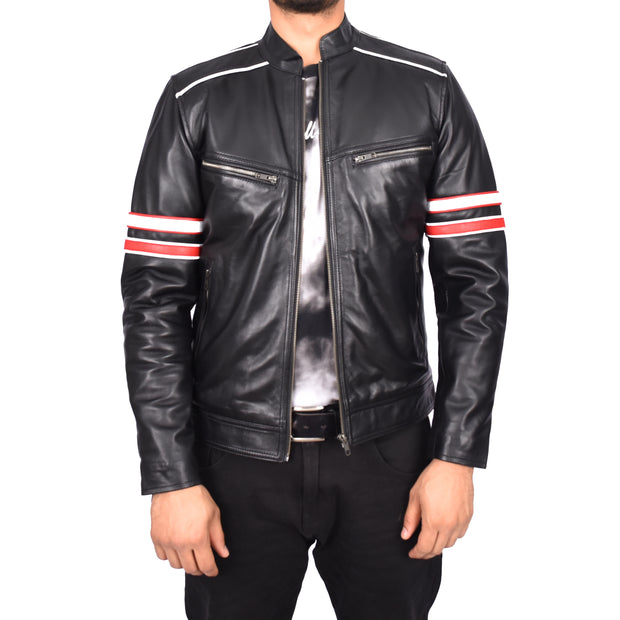 Mens Real Leather Biker Jacket Zip Fasten Casual Cafe Racer Style Wilder Black-4