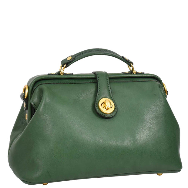 Womens Full Grain Green Leather Handbag Top Handle Framed Gladstone Doctor Bag Chiara