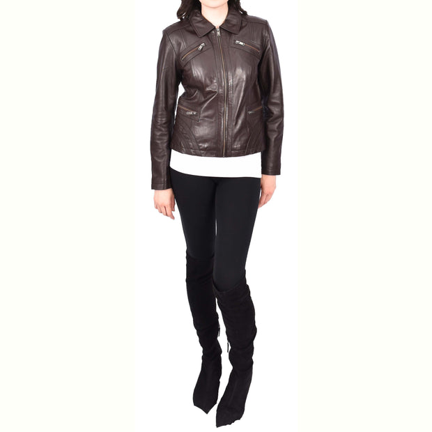 Ladies Soft Leather Jacket Fitted Collared Zip Fasten Biker Style Leah Brown-5