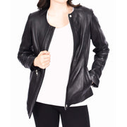 Women Black Leather Jacket Collarless Neckline Soft Fitted Zip Fasten Elena-5