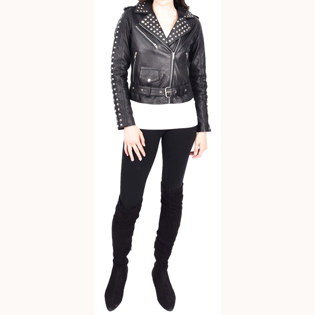 Womens Black Leather Studded Biker Jacket Fitted Brando Style - Stella-5