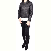 Ladies Soft Leather Jacket Fitted Collared Zip Fasten Biker Style Leah Black-5