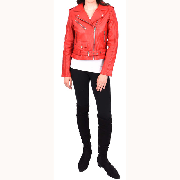 Womens Authentic Soft Leather Biker Jacket Slim Fit Jessie Red-5