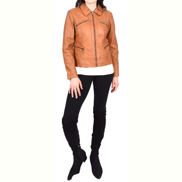 Ladies Soft Leather Jacket Fitted Collared Zip Fasten Biker Style Leah Tan-5
