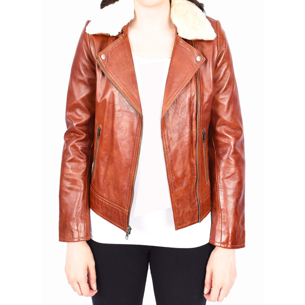 Womens Real Chestnut Leather Trendy Biker Jacket With Removable Sheepskin Collar Rosie-5