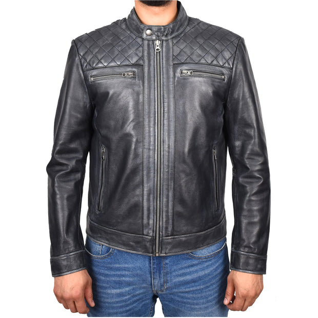 Real Leather Mens Biker Jacket Rub off Rugged Vintage Look Zip Fasten Cafe Racer Samuel-1