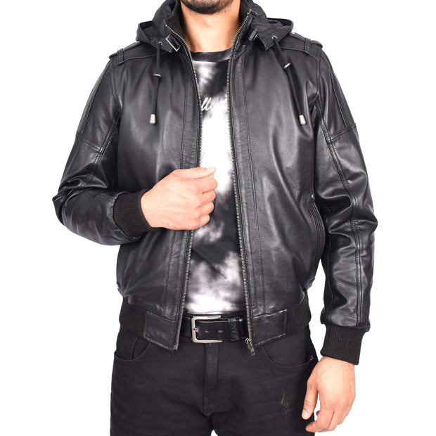 Men's Genuine Leather Bomber Jacket Trendy Removable Hood Casual Style Stevie Black-5