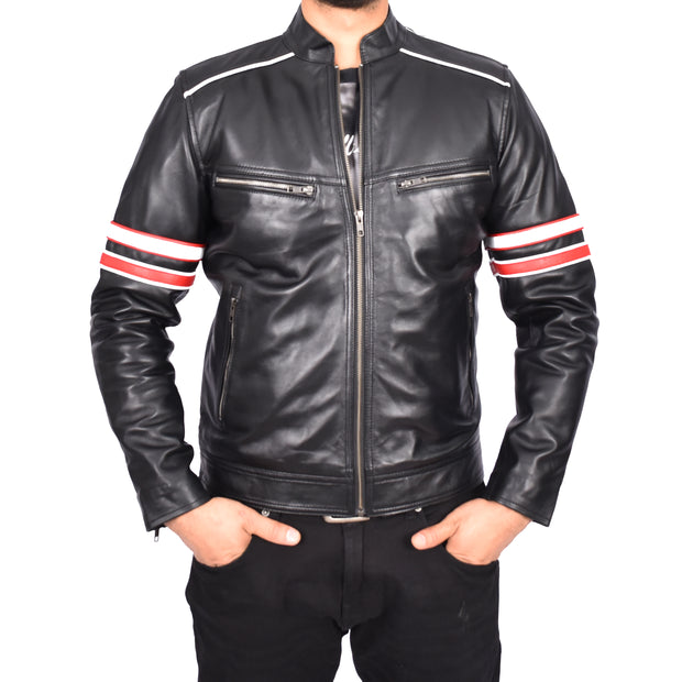 Mens Real Leather Biker Jacket Zip Fasten Casual Cafe Racer Style Wilder Black-5