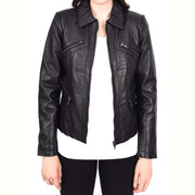 Ladies Soft Leather Jacket Fitted Collared Zip Fasten Biker Style Leah Black-6