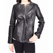 Women Black Leather Jacket Collarless Neckline Soft Fitted Zip Fasten Elena-6