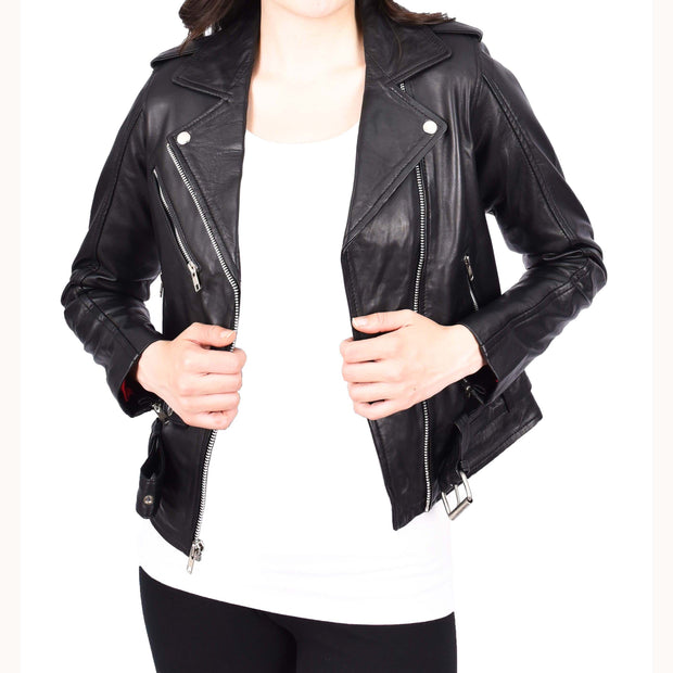 Womens Authentic Soft Leather Biker Jacket Slim Fit Jessie Black-6