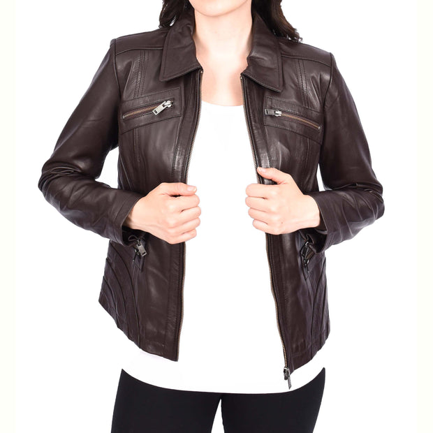 Ladies Soft Leather Jacket Fitted Collared Zip Fasten Biker Style Leah Brown-6