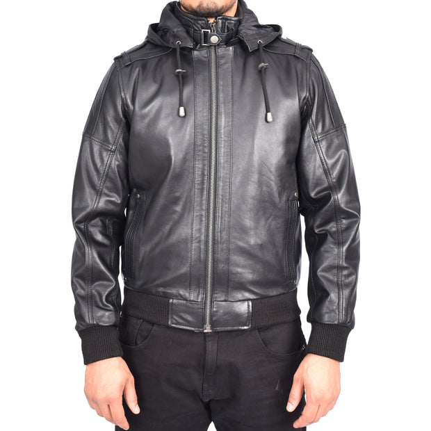 Men's Genuine Leather Bomber Jacket Trendy Removable Hood Casual Style Stevie Black-6