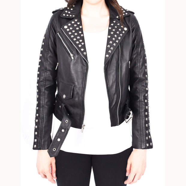 Womens Black Leather Studded Biker Jacket Fitted Brando Style - Stella-6