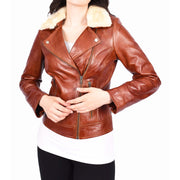 Womens Real Chestnut Leather Trendy Biker Jacket With Removable Sheepskin Collar Rosie-6