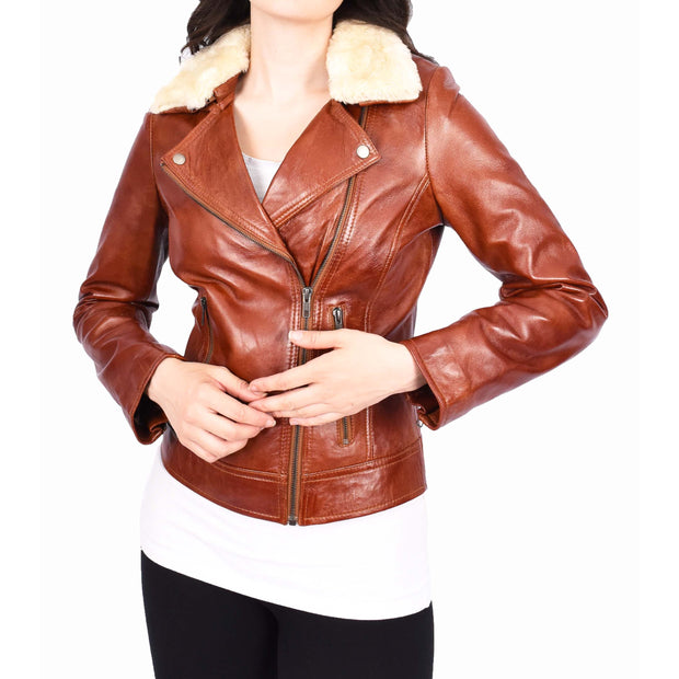 Womens Real Chestnut Leather Trendy Biker Jacket With Removable Sheepskin Collar Rosie-6