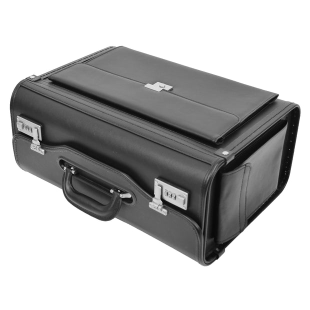 Professionals Pilot Case Large Black Faux Leather Briefcase with Lock Business Document Bag Porto