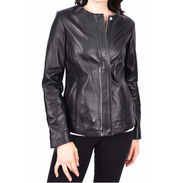 Women Black Leather Jacket Collarless Neckline Soft Fitted Zip Fasten Elena-7