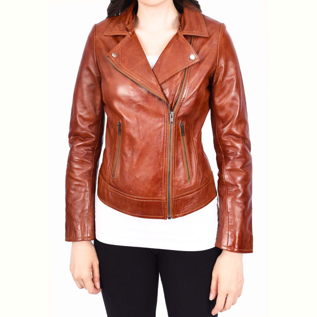 Womens Real Chestnut Leather Trendy Biker Jacket With Removable Sheepskin Collar Rosie-7