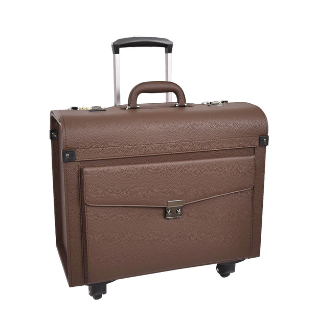 Pilot Case Faux Leather 4 Wheels Cabin Size Dual Lock Business Travel Bag Aero Brown-4