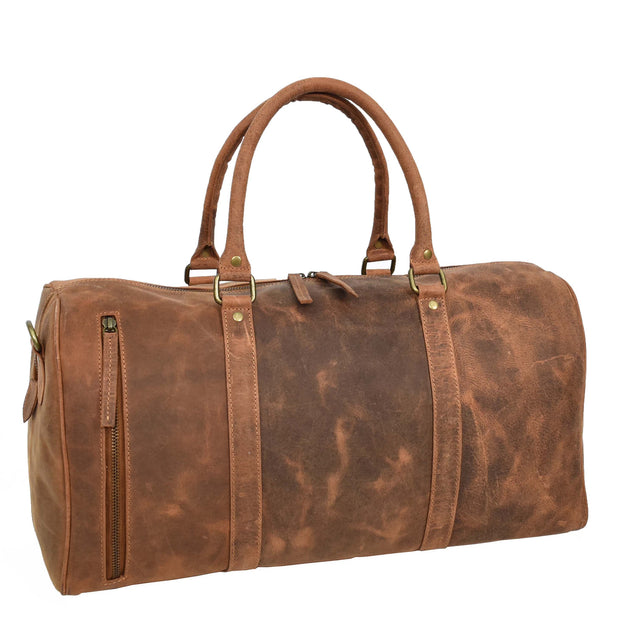 Distressed Leather Duffle Bag Weekend Travel Holdall Sports Gym Kitbag Cognac