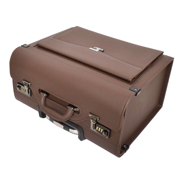 Pilot Case Faux Leather 4 Wheels Cabin Size Dual Lock Business Travel Bag Aero Brown-6