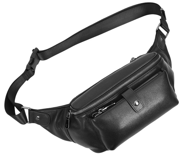 Real Leather Waist Pack Mobile Money Multiple Pockets Bum Bag Travel Pouch AY18 Black-1