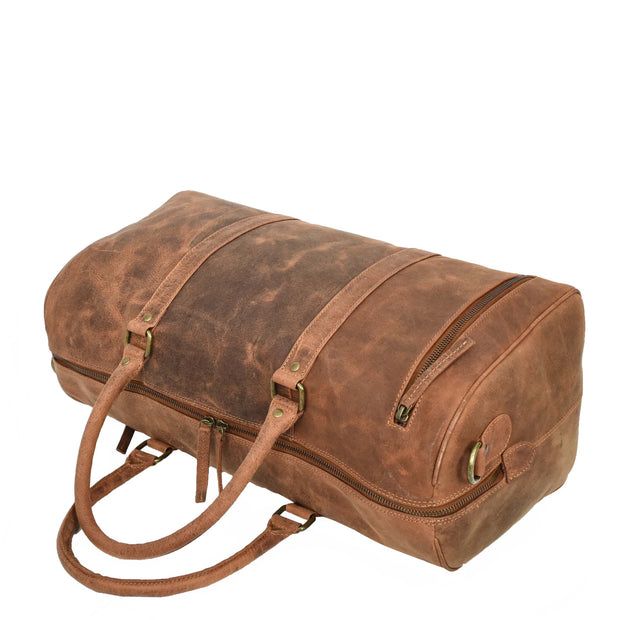 Distressed Leather Duffle Bag Weekend Travel Holdall Sports Gym Kitbag Cognac