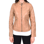 Womens Soft Leather Jacket Beige Casual Fitted Trendy Biker Style Jadie