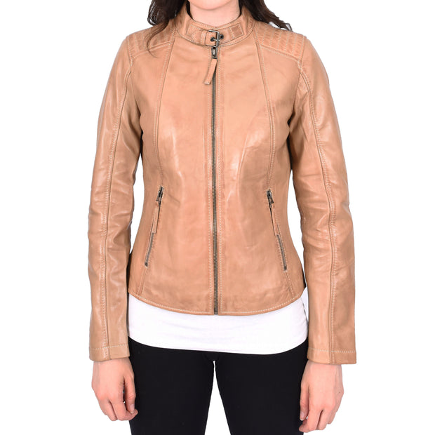 Womens Soft Leather Jacket Beige Casual Fitted Trendy Biker Style Jadie