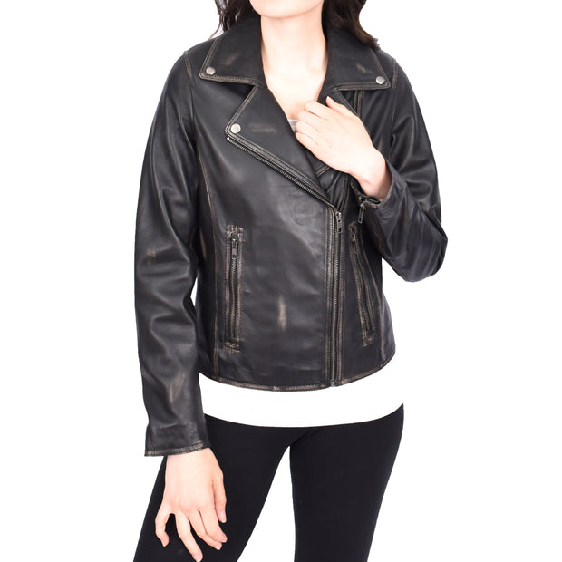 Womens Fitted Real Vintage Rub Off Leather Designer Biker Jacket Myla