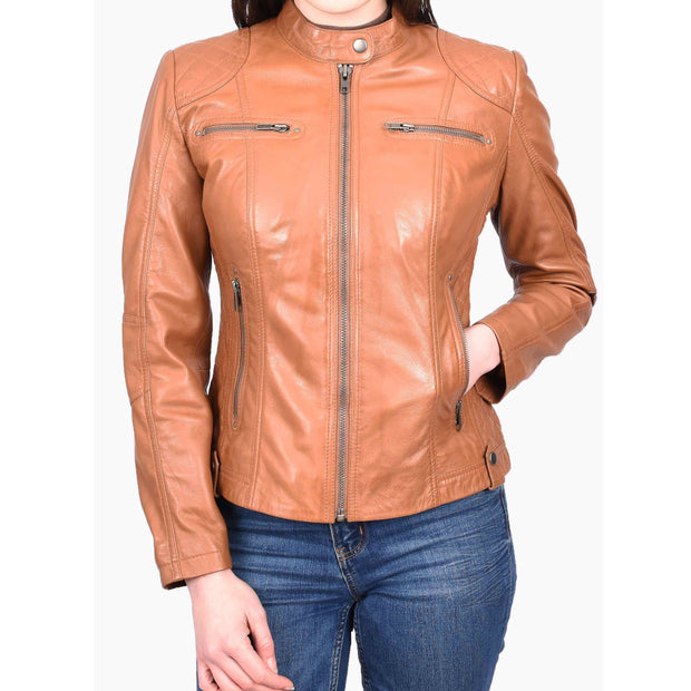 Womens Real Tan Leather Jacket Casual Fashion Zip Fasten Biker Style Outerwear Alora