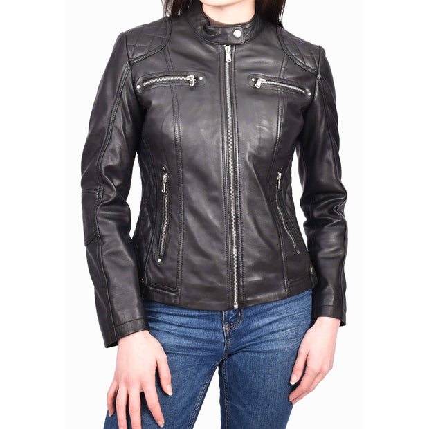 Womens Real Black Leather Jacket Casual Fashion Zip Fasten Biker Style Outerwear Alora