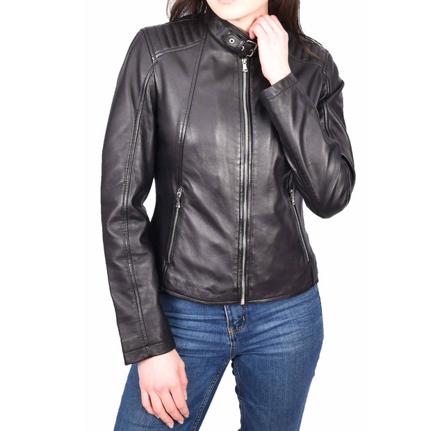 Womens Soft Leather Jacket Black Casual Fitted Trendy Biker Style Jadie