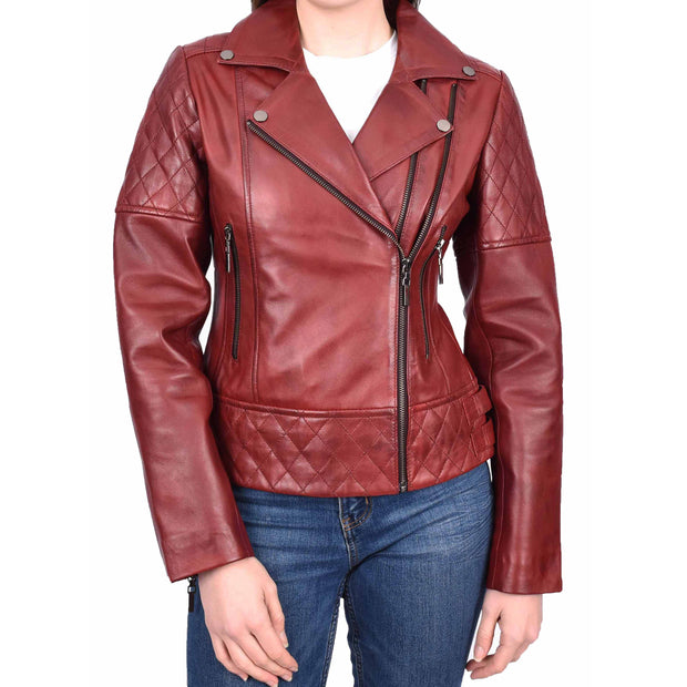 Womens Leather Biker Jackets Asymmetrical Zip Quilted Trendy Design Maeve Burgundy