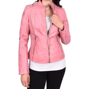 Womens Soft Leather Jacket Baby Pink Casual Fitted Trendy Biker Style Jadie