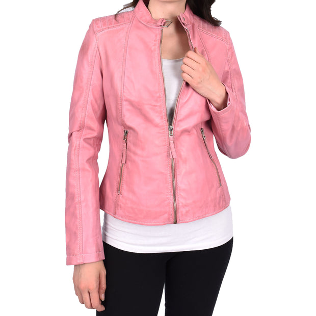 Womens Soft Leather Jacket Baby Pink Casual Fitted Trendy Biker Style Jadie