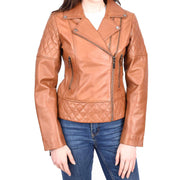 Womens Leather Biker Jackets Asymmetrical Zip Quilted Trendy Design Maeve Tan