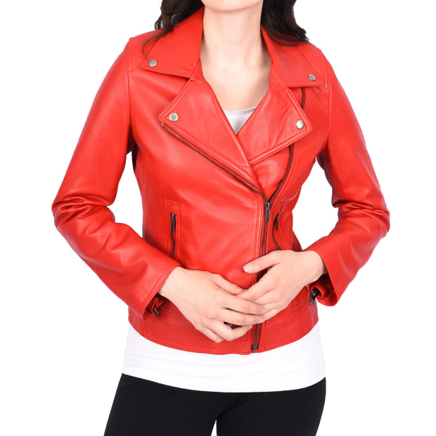 Womens Genuine Leather Biker Jacket Designer Fitted Coat Myla Red