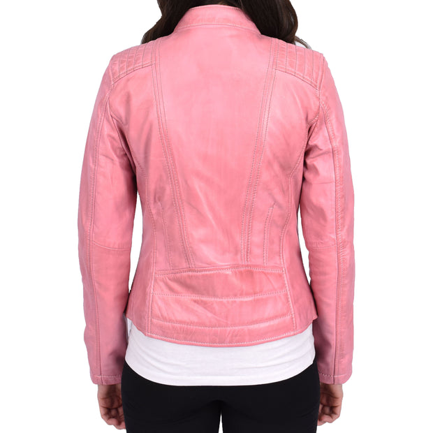 Womens Soft Leather Jacket Baby Pink Casual Fitted Trendy Biker Style Jadie